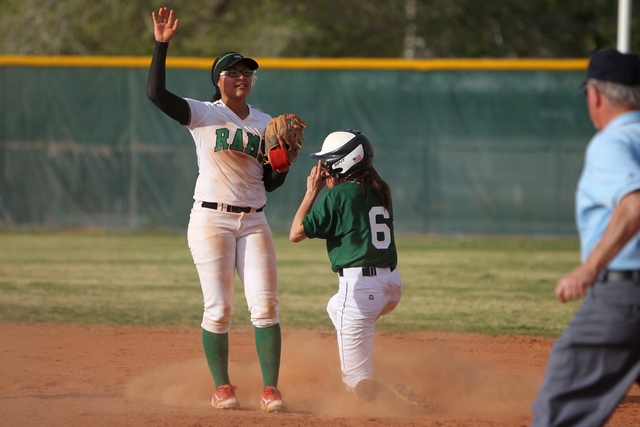 Palo Verde's McKenzie Ryan (6) slides safe to second base against Rancho at Rancho High School in Las Vegas Tuesday, March 17, 2015. Palo Verde won 10-0. (Erik Verduzco/Las Vegas Review-Journal)