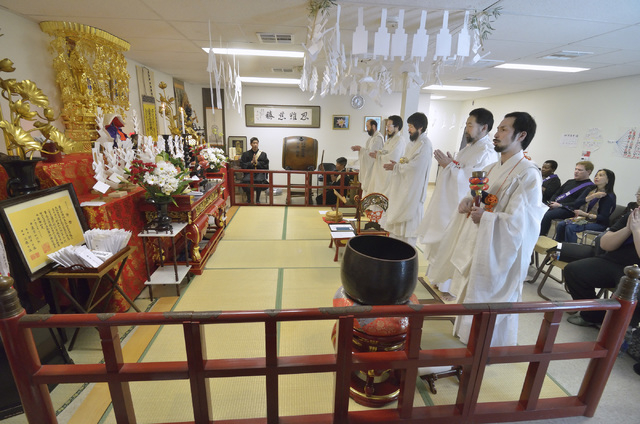 A ceremony welcoming Rev. Douglas Shoda Kanai back from 100 days of ascetic training in Japan is shown at the Nichiren Buddhist Kannon Temple of Nevada at 1600 E. Sahara Ave. in Las Vegas on Sunda ...