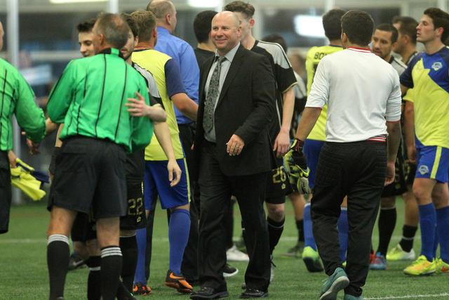 Las Vegas Legends head coach Doug Borgel smiles after defeating the Sacramento Surge in a Major Arena Soccer League game against Sacramento Surge at the Las Vegas Sports Park on Feb. 22, 2015. La ...