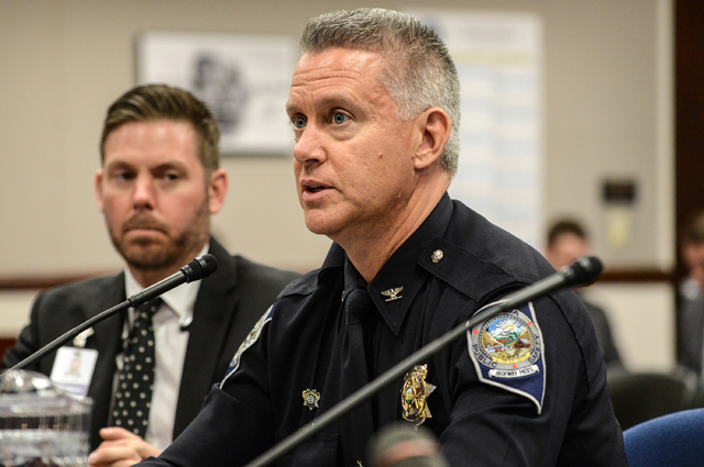 Dennis Osborn with the Nevada Highway Patrol talks against a proposal to raise the speed limit on some Nevada highways to 85 mph during a transportation committee hearing Tuesday, March 10, 2015,  ...