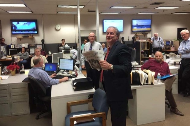 Gatehouse Media CEO Kirk Davis speaks to the newsroom staff at the Las Vegas Review-Journal on Wednesday, March 18, 2015. Davis announced the completion of the sale of Stephens Media to New Media  ...