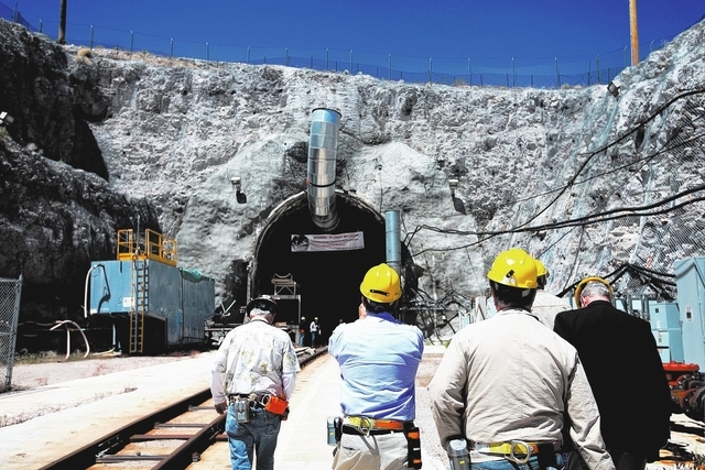 Members of the House Energy and Commerce Subcommittee on Environment and Economy and staffers go on a tour of Yucca Mountain in a rare field trip of the shuttered nuclear waste site on Apr. 26, 20 ...