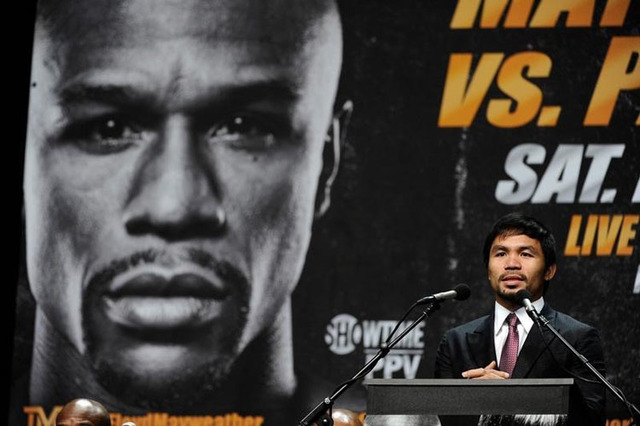 Manny Pacquiao during a press conference to announce his fight with Floyd Mayweather fight on May 2, 2015 at Los Angeles. (Robert Hanashiro-USA TODAY Sports)