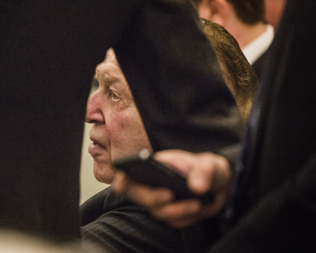 Las Vegas Sands Corp. Chairman and CEO Sheldon Adelson, sits before taking the  witness stand at Clark County Justice Center on Tuesday, April 28,2015.   Steven Jacobs, former president of Sands M ...