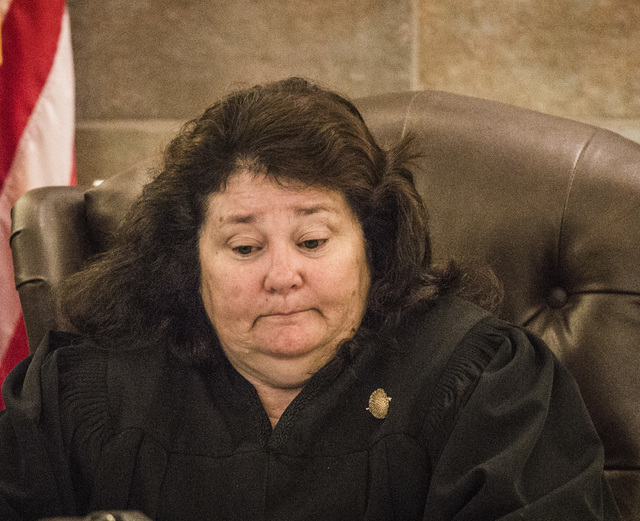 District Judge Elizabeth Gonzalez sits while Las Vegas Sands Corp. Chairman and CEO Sheldon Adelson,  testifies at Clark County Justice Center on Tuesday, April 28,2015.   Steven Jacobs, former pr ...