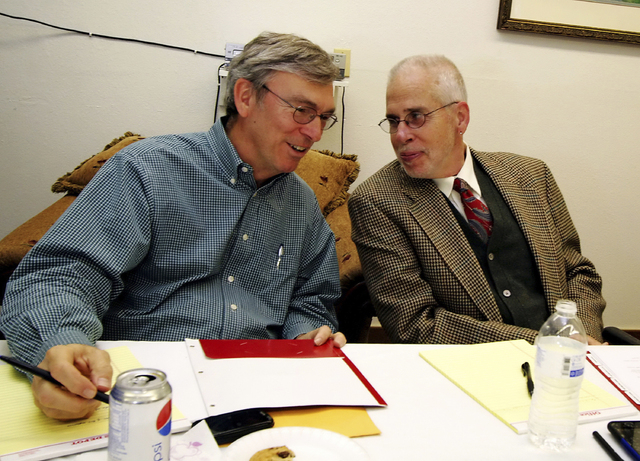 Doug Jydstrup, left, talks with Gary Gray while attending a Clark Towers board of directors meeting in Las Vegas, Nevada on Feb. 1, 2010. Nevada Highway Patrol reports on Thursday indicate that Gr ...