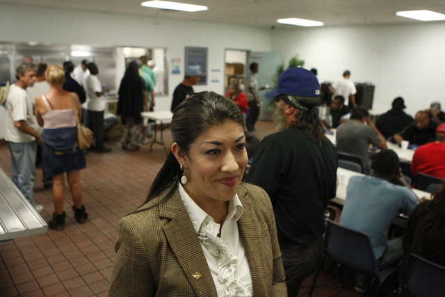 Lucy Flores is interviewed at the Salvation Army Community Homeless Meal kitchen in North Las Vegas Thursday, Oct. 23, 2014. Flores helped feed people during a stop in her 24-hour get out the vote ...