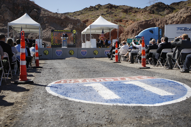 Nevada Gov. Brian Sandoval speaks during the ground breaking ceremony for the I-11 Boulder City bypass project in Boulder City, Nev., Monday, April 6, 2015. (Erik Verduzco/Las Vegas Review-Journal ...