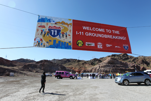 A sign welcomes attendees to the ground breaking ceremony for the I-11 Boulder City bypass project in Boulder City, Nev., Monday, April 6, 2015. (Erik Verduzco/Las Vegas Review-Journal) Follow Eri ...