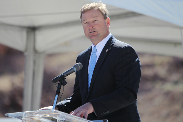 U.S. Sen. Dean Heller, R-Nev., speaks during the ground breaking ceremony for the I-11 Boulder City bypass project in Boulder City, Nev., Monday, April 6, 2015. (Erik Verduzco/Las Vegas Review-Jou ...