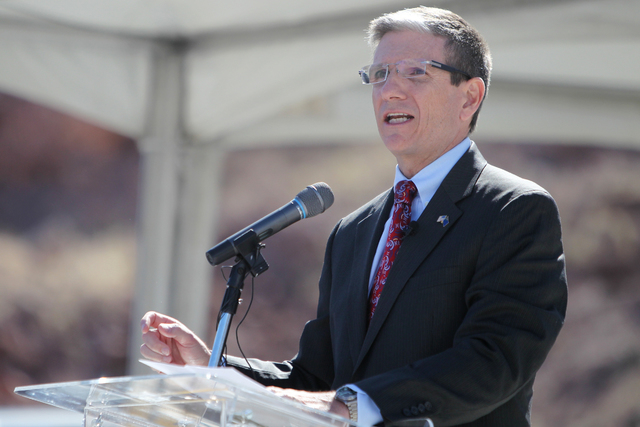 U.S. Rep. Joe Heck, R-Nev., speaks during the ground breaking ceremony for the I-11 Boulder City bypass project in Boulder City, Nev., Monday, April 6, 2015. (Erik Verduzco/Las Vegas Review-Journa ...