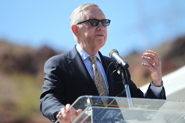 U.S. Sen. Harry Reid, D,Nev., speaks during the ground breaking ceremony for the I-11 Boulder City bypass project in Boulder City, Nev., Monday, April 6, 2015. (Erik Verduzco/Las Vegas Review-Jour ...