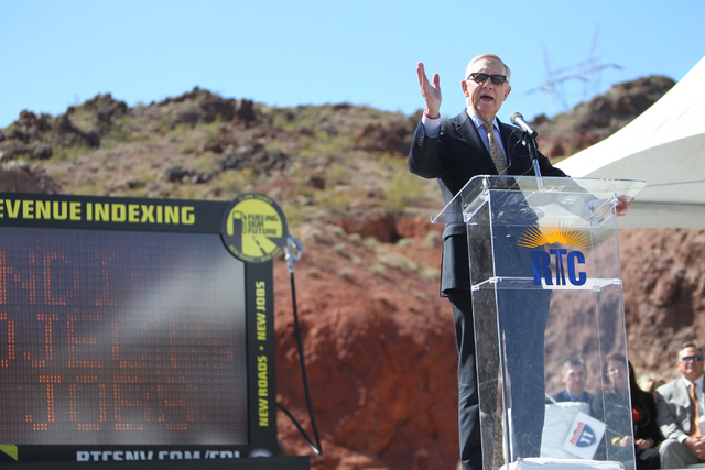 U.S. Sen. Harry Reid, D,Nev., speaks during the ground breaking ceremony for the I-11 Boulder City bypass project in Boulder City, Nev., Monday, April 6, 2015. (Erik Verduzco/Las Vegas Review-Jour ...