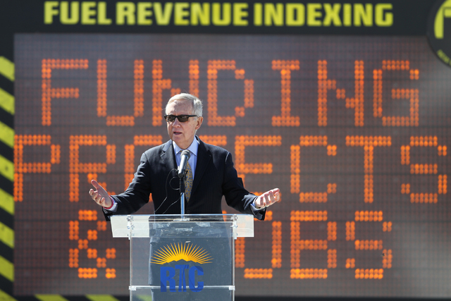 U.S. Sen. Harry Reid, D,Nev., speaks during the ground breaking ceremony for the I-11 Boulder City bypass project in Boulder City, Nev., Monday, April 6, 2015. (Erik Verduzco/Las Vegas Review-Jour ...