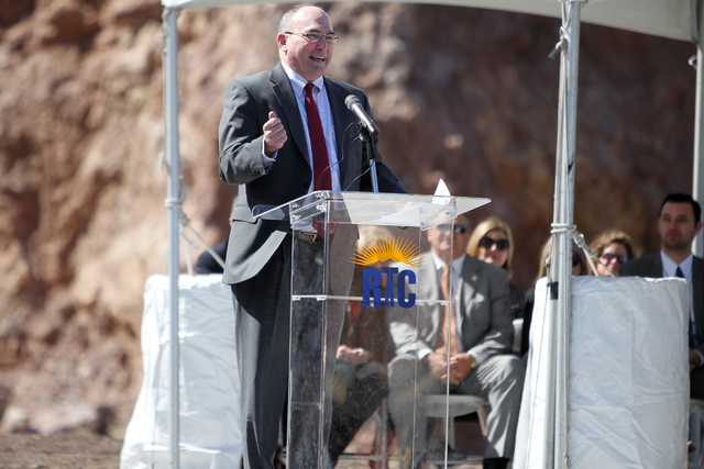 Deputy Federal Highway Administrator Gregory Nadeau speaks during the ground breaking ceremony for the I-11 Boulder City bypass project in Boulder City, Nev., Monday, April 6, 2015. (Erik Verduzco ...