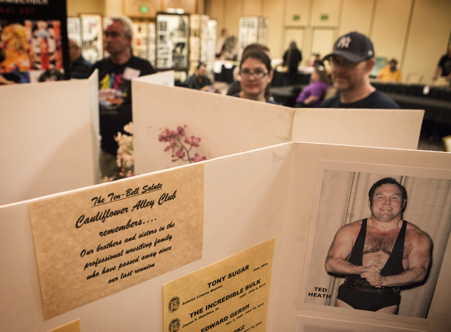 A memorial of professional wrestlers who died in 2014 is seen  Wednesday, April 15, 2015 during the  Cauliflower Alley Club convention at the Gold Coast Hotel and Casino Las Vegas, 4000 West Flami ...