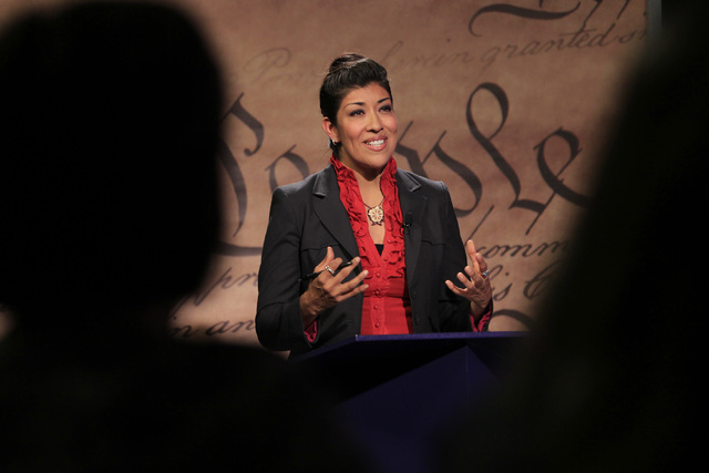 Assemblywoman Lucy Flores, D-Las Vegas, takes part in a debate for lieutenant governor against state Sen. Mark Hutchison, R-Las Vegas, Wednesday, Oct. 15, 2014 in a studio at Vegas PBS. (Sam Morri ...