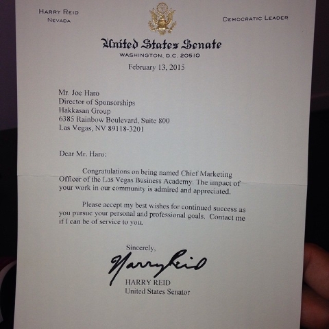 Former UNLV star running back Joe Haro received this letter from U.S. Sen. Harry Reid. (Photo courtesy of Haro)