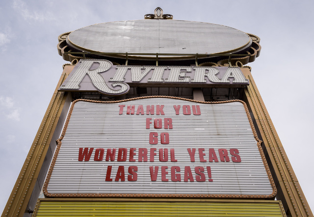 The final billing on the marquee of the Riviera Hotel & Casino in Las Vegas in the last hour before its closing on Monday, May 4, 2015. (Mark Damon/Las Vegas News Bureau)