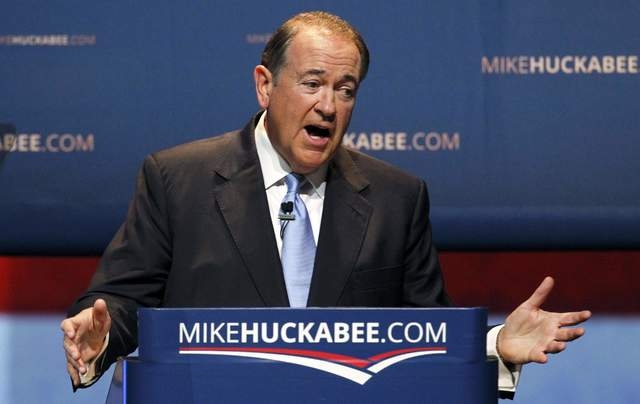 U.S. Republican presidential candidate and former Arkansas Governor Mike Huckabee addresses supporters as he formallly launches his bid for the 2016 Republican presidential nomination during an ev ...