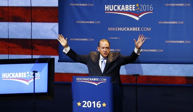 U.S. Republican presidential candidate and former Arkansas Governor Mike Huckabee addresses supporters as he formallly launches his bid for the 2016 Republican presidential nomination during an ev ...