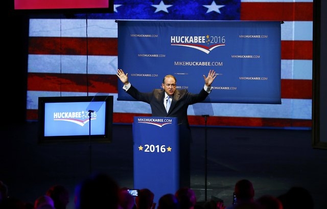 U.S. Republican presidential candidate and former Arkansas Governor Mike Huckabee addresses supporters as he formallly launches his bid for the 2016 Republican presidential nomination during an ev ...