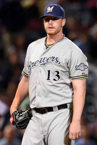 May 21, 2015; Atlanta, GA, USA; Milwaukee Brewers relief pitcher Will Smith (13) shown just before being ejected from the game against the Atlanta Braves during the seventh inning at Turner Field. ...