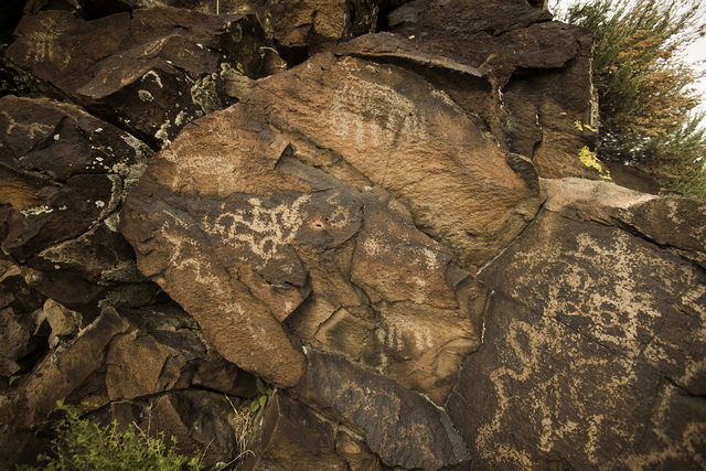 Rock art is seen Wednesday, May 20, 2015, in the White River Narrows area, about 130 miles north of Las Vegas. Over 800,000 acres in central Nevada is proposed as the Basin and Range National Monu ...