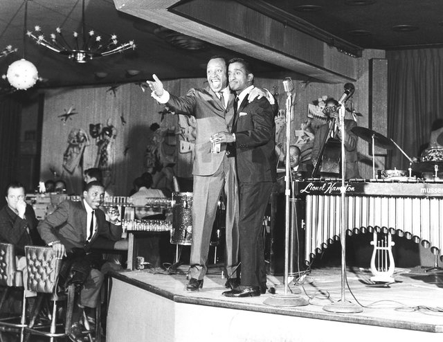 Performers Lionel Hampton, left, and Sammy Davis Jr. perform at the Riviera hotel-casino in Las Vegas, Dec. 2, 1963. (Las Vegas News Bureau)