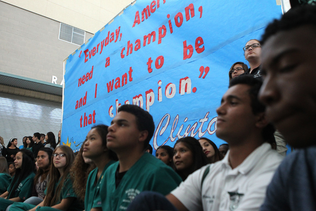 Students wait inside Rancho High School in North Las Vegas for a campaign visit by Democratic presidential candidate Hillary Clinton Tuesday, May 5, 2015. (Erik Verduzco/Las Vegas Review-Journal)  ...