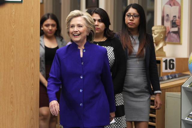 Hillary Clinton arrives for a roundtable discussion on families and immigration Tuesday, May 5, 2015, at Rancho High School. (Sam Morris/Las Vegas Review-Journal) Follow Sam Morris on Twitter @sam ...