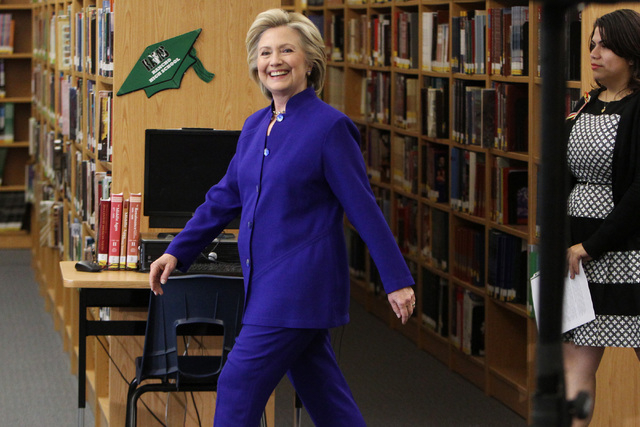 Hillary Clinton arrives for a roundtable discussion on families and immigration Tuesday, May 5, 2015, at Rancho High School. (Sam Morris/Las Vegas Review-Journal) Follow Sam Morris on Twitter @sam ...