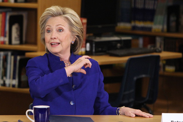 Hillary Clinton speaks during a roundtable discussion on families and immigration Tuesday, May 5, 2015, at Rancho High School. (Sam Morris/Las Vegas Review-Journal) Follow Sam Morris on Twitter @s ...