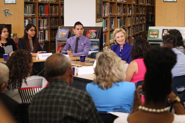 Hillary Clinton speaks during a roundtable discussion on families and immigration Tuesday, May 5, 2015, at Rancho High School. (Sam Morris/Las Vegas Review-Journal) Follow Sam Morris on Twitter @s ...