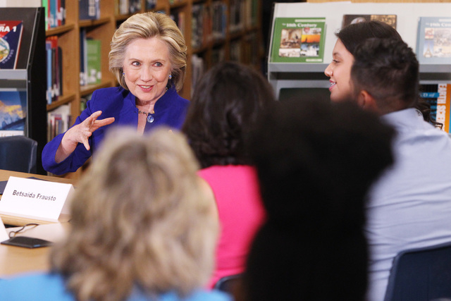 Hillary Clinton speaks during a roundtable discussion on families and immigration Tuesday, May 5, 2015, at Rancho High School. (Sam Morris/Las Vegas Review-Journal) Follow Sam Morris on Twitter @s ...