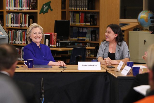 Hillary Clinton smiles during a roundtable discussion on families and immigration Tuesday, May 5, 2015, at Rancho High School. (Sam Morris/Las Vegas Review-Journal) Follow Sam Morris on Twitter @s ...