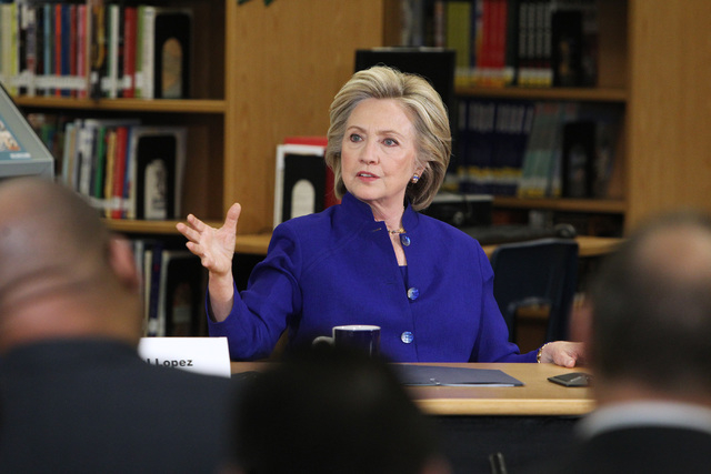 Hillary Clinton speaks during a roundtable discussion on families and immigration Tuesday, May 5, 2015, at Rancho High School. (Sam Morris/Las Vegas Review-Journal) Follow Sam Morris on Twitter @s ...