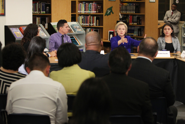 Hillary Clinton speaks during a roundtable discussion on families and immigration Tuesday, May 5, 2015, at Rancho High School. (Sam Morris/Las Vegas Review-Journal) Follow Sam Morris on Twitter @s ...