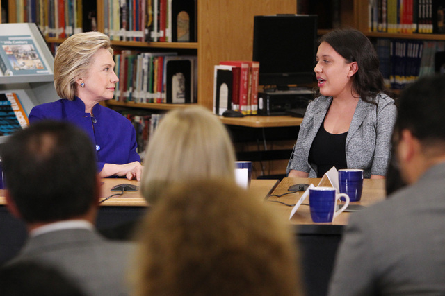 Hillary Clinton listens to Rancho High School student Betsaida Frausto during a roundtable discussion on families and immigration Tuesday, May 5, 2015, at Rancho High School. (Sam Morris/Las Vegas ...