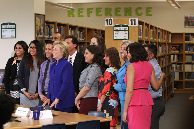 Hillary Clinton poses for photos after a roundtable discussion on families and immigration Tuesday, May 5, 2015, at Rancho High School. (Sam Morris/Las Vegas Review-Journal) Follow Sam Morris on T ...
