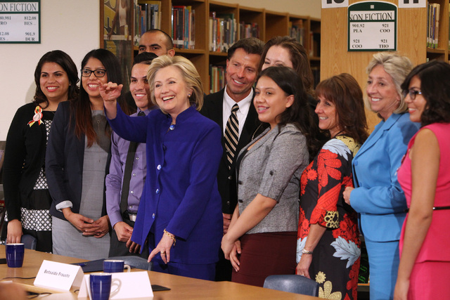 Hillary Clinton poses for photos after a roundtable discussion on families and immigration Tuesday, May 5, 2015, at Rancho High School. (Sam Morris/Las Vegas Review-Journal) Follow Sam Morris on T ...