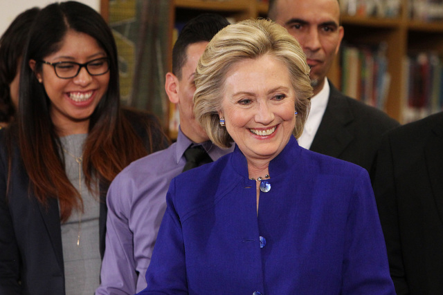 Hillary Clinton smiles after a roundtable discussion on families and immigration Tuesday, May 5, 2015, at Rancho High School. (Sam Morris/Las Vegas Review-Journal) Follow Sam Morris on Twitter @sa ...
