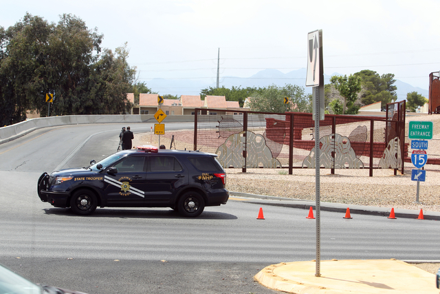 Nevada Highway Patrol troopers closes the Martin Luther King Boulevard on-ramp to southbound Interstate 15 on Friday, May 22, 2015. A 4.8-magnitude earthquake shook Las Vegas and surrounding areas ...
