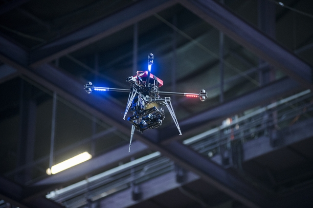 The Cinestar X8 drone hovers above the Orleans Arena during a practice run before the Geico Endurocross Race inside the Orleans Arena in Las Vegas on Friday, May 1, 2015. (Martin S. Fuentes/Las Ve ...