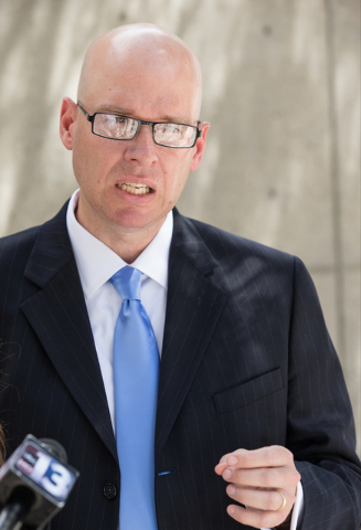Jeremy Dys, senior counsel for religious rights law firm Liberty Institute, speaks with reporters at a news conference on the sidewalk in front of the Lloyd George U.S. Courthouse on Wednesday, Ma ...