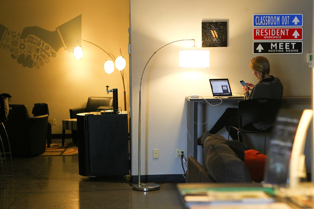 Katrina Fadda works in an open office space at Work in Progress, 317 6th St., in downtown Las Vegas on Tuesday, May 5, 2015. Work in Progress offers work stations and and startup services for indi ...