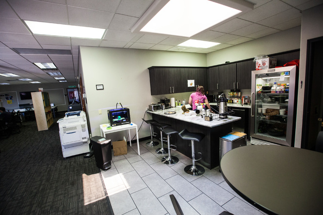 The kitchen area is seen next to open office spaces at Work in Progress, 317 6th St., in downtown Las Vegas on Tuesday, May 5, 2015. Work in Progress offers work stations and and startup services  ...