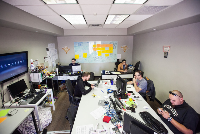 Members of startup Rolltech work in their room at Work in Progress, 317 6th St., in downtown Las Vegas on Tuesday, May 5, 2015. Work in Progress offers work stations and and startup services for i ...