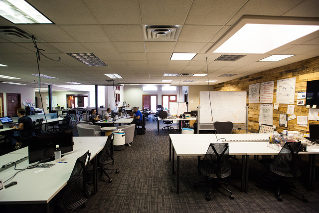 People work in open office spaces at Work in Progress, 317 6th St., in downtown Las Vegas on Tuesday, May 5, 2015. Work in Progress offers work stations and and startup services for individuals an ...