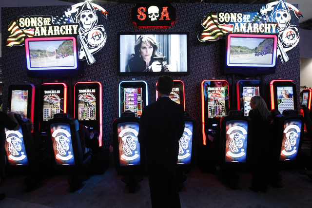 Sons of Anarchy slot machines are seen at the Aristocrat gaming technology booth at the Global Gaming Expo at Sands Expo and Convention Center in Las Vegas Wednesday, Oct. 1, 2014. (Erik Verduzco/ ...